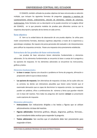 UNIVERSIDAD CENTRAL DEL ECUADOR
El CEAACES, también utilizada las pruebas objetivas de base estructurada se selección
múltiple, que incluyen los siguientes formatos de preguntas: preguntas o reactivos de
cuestionamiento directo, ordenamiento, elección de elementos, relación de columnas,
multirreactivo. Estos formatos con su descripción se los puede encontrar en la página oficial
del CEAACES,

en la que presenta modelos de pruebas para diferentes carreras con la

respectiva descripción y ejemplos de los ítemes en cada carrera.

Ítem objetivo
El ítem es la unidad básica de observación de una prueba objetiva. Se utiliza para
medir conocimientos formales, destrezas cognitivas adquiridas a través de la experiencia y
aprendizajes complejos. No requiere de juicios personales del evaluador o de interpretaciones
para calificar las respuestas correctas. Posee una respuesta única previamente establecida.

Estructura de las pruebas de base estructurada
Las pruebas de base estructura tienen elementos fundamentales y elementos
adicionales. En los elementos fundamentales se encuentra la base o cuerpo de la pregunta y
las opciones de respuesta. En los elementos adicionales se encuentran las instrucciones,
gráficos y textos.
Elementos fundamentales:
• La base o cuerpo. Expresa una situación o problema en forma de pregunta, afirmación o
proposición sobre lo que se desea evaluar.
•

Las opciones de respuesta. Son alternativas de respuesta a la base, de las cuales sólo una
es correcta; las demás son distractores plausibles que tienen como función que el
examinado demuestre que es capaz de discriminar la respuesta correcta. Las respuestas
pueden ser palabras, cifras o combinaciones de números y letras que guardan relación
con la base del reactivo. Para todas las preguntas del examen siempre se presentarán
cuatro opciones de respuesta

Elementos adicionales:

•

Instrucciones: Son indicaciones dirigidas a los textos y figuras que se utilizan
adicionalmente a la base del reactivo.

•

Figuras adicionales: Elementos gráficos, dibujos, diagramas, gráficas, fórmulas…
que el estudiante debe analizar para responder la pregunta.

•

Textos adicionales: Son escritos que el estudiante debe leer previamente para
responder el ítem.

GUÍA PARA ELABORAR PRUEBAS DE BASE ESTRUCTURADA

Página 5

 