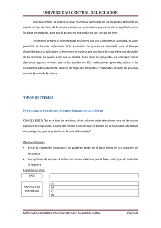 UNIVERSIDAD CENTRAL DEL ECUADOR
En la fila inferior, se realiza de igual manera la sumatoria de las preguntas, tomando en
cuenta el tipo de ítem, de la misma manera se recomienda que exista cierto equilibrio entre
los tipos de pregunta, para que la prueba no sea exclusiva con un tipo de ítem.
Finalmente se tiene el número total de ítemes que van a conformar la prueba, es valor
permitirá al docente determinar si la extensión de prueba es adecuada para el tiempo
disponible para su aplicación. Si tomamos en cuenta que una hora de clase tiene una duración
de 60 minutos, no quiere decir que la prueba deba tener 60 preguntas, es necesario tomar
descontar algunos minutos que se los emplea en: Dar instrucciones generales, ubicar a los
estudiantes adecuadamente, repartir las hojas de preguntas y respuestas, recoger las pruebas
una vez terminada la misma..

TIPOS DE ITEMES
Preguntas o reactivos de cuestionamiento directo
CEAACES (2012) “En este tipo de reactivos, el estudiante debe seleccionar una de las cuatro
opciones de respuestas, a partir del criterio o acción que se solicite en el enunciado, afirmativo
o interrogativo, que se presenta en la base del reactivo”.

Recomendaciones


Evitar la repetición innecesaria de palabras tanto en la base como en las opciones de
respuesta.



Las opciones de respuesta deben ser menos extensas que la base, salvo que el contenido
lo requiera

Esquema del ítem:
BASE

OPCIONES DE
RESPUESTA

a)
b)
c)
d)

GUÍA PARA ELABORAR PRUEBAS DE BASE ESTRUCTURADA

Página 8

 
