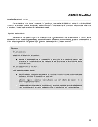 UNIDADES TEMÁTICAS
Introducción a cada unidad
Debe contener una breve presentación que haga referencia al contenido específico de la unidad,
ubicando la temática que se abordará y su importancia. Es recomendable que cada introducción relacione
la temática con los tópicos vistos en la unidad anterior.
Objetivos de la unidad
Se refiere a los aprendizajes que se espera que logre el alumno con el estudio de la unidad. Ellos
se derivan de los objetivos generales y deben articularse entre sí cuidadosamente, pues se pretende que la
suma de ellos permitan los aprendizajes globales de la asignatura, área o módulo.
Ejemplos:
OBJETIVO GENERAL
El estudio de este curso, te permitirá:
• Valorar la importancia de la observación, la etnografía y el trabajo de campo para
acercarse al conocimiento de los métodos y las técnicas de la antropología social
contemporánea.
OBJETIVO DE UNA UNIDAD TEMÁTICA
Con el estudio de esta unidad:
• Identificarás las principales técnicas de la investigación antropológica contemporánea y
explicarás el ámbito de aplicación de cada una.
• Ubicarás algunos problemas socioculturales que son objeto de estudio de la
antropología contemporánea.
• Desarrollarás tu capacidad de observación y aplicarás algunas técnicas etnográficas
para el análisis de un problema sociocultural (de tu elección) en una comunidad rural.
11
 