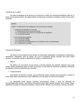 Contenido de la unidad
Se refiere al desglose de los temas que conforman la unidad. Se recomienda desglosar hasta en un
tercer nivel de jerarquización. Se sugiere utilizar el sistema de numeración correlativa cuando incluya varios
subtemas.
Ejemplo:
Unidad 1. Fortalecimiento del capitalismo y las revoluciones burguesas.
1. Desarrollo del capitalismo en Europa
1.1 Características de la economía europea
1.2 La importancia del comercio en el desarrollo del capitalismo.
1.3 Los cambios sociales
2. Las revoluciones burguesas
2.1 La revolución inglesa
2.2 La ilustración europea
2.3 La revolución de independencia de los Estados Unidos de Norteamérica
2.4 La Revolución Francesa
Fuentes de información
Se refiere a la enunciación de las fuentes de información (bibliografía, hemerografía, publicaciones
electrónicas, videografía, sitios de interés, etc.) que el estudiante deberá consultar para cada unidad
temática. Las fuentes pueden ir clasificadas en básica y complementaria.
• Básica
Se refiere a la enunciación de las fuentes o lecturas básicas que deberán realizarse para cada
unidad. Deben presentarse según el orden de consulta, con los datos de referencia completos y señalando
las páginas o dirección electrónica por consultar.
• Complementaria
Enunciación de lecturas o fuentes que el estudiante puede consultar para profundizar o ampliar el
tema. Éstas deben presentarse en orden alfabético y con los datos de referencia completos.
La videografía puede abarcar películas, documentales, videos u otros. Su utilización es
recomendable para ilustrar o sensibilizar al estudiante sobre algún aspecto temático de la unidad. Deben
registrarse los datos de referencia completos: nombre del film, director, año de edición, formato y duración.
12
 