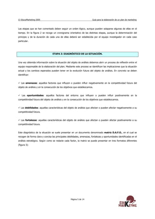 © EducaMarketing-2005 Guía para la elaboración de un plan de marketing
Página 5 de 14
Las etapas que se han comentado deben seguir un orden lógico, aunque pueden solaparse algunas de ellas en el
tiempo. En la figura 2 se recoge un cronograma orientativo de las distintas etapas, aunque la determinación del
principio y de la duración de cada una de ellas deberá ser establecida por el equipo investigador en cada caso
particular.
ETAPA 3: DIAGNÓSTICO DE LA SITUACIÓN.
Una vez obtenida información sobre la situación del objeto de análisis debemos abrir un proceso de reflexión entre el
equipo responsable de la elaboración del plan. Mediante este proceso se identifican las implicaciones que la situación
actual y los cambios esperados pueden tener en la evolución futura del objeto de análisis. En concreto se deben
identificar:
Las amenazas: aquellos factores que influyen o pueden influir negativamente en la competitividad futura del
objeto de análisis y en la consecución de los objetivos que establezcamos.
Las oportunidades: aquellos factores del entorno que influyen o pueden influir positivamente en la
competitividad futura del objeto de análisis y en la consecución de los objetivos que establezcamos.
Las debilidades: aquellas características del objeto de análisis que afectan o pueden afectar negativamente a su
competitividad futura.
Las fortalezas: aquellas características del objeto de análisis que afectan o pueden afectar positivamente a su
competitividad futura.
Este diagnóstico de la situación se suele presentar en un documento denominado matriz D.A.F.O., en el cual se
recogen de forma clara y concisa las principales debilidades, amenazas, fortalezas y oportunidades identificadas en el
análisis estratégico. Según como se redacte cada factor, la matriz se puede presentar en tres formatos diferentes
(figura 3):
 