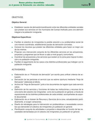 Buenas prácticas desarrolladas
en el proceso de Orientación con colectivos vulnerables                                       Capítulo   9


   OBJETIVOS

   Objetivo General:

   ■   Establecer cauces de derivación/coordinación entre las diferentes entidades sociales
       que prestan sus servicios en los municipios del Campo Arañuelo para una atención
       integral a la población inmigrante.

   Objetivos Específicos:

   ■   Facilitar al colectivo de inmigrantes la posible solución a su problemática social de
       una manera coordinada, estableciendo pautas de derivación concretas.
   ■   Conocer los recursos que prestan las diferentes entidades para hacer un mejor uso
       de los mismos.
   ■   Propiciar una intervención conjunta de los diferentes servicios en las actuaciones,
       proyectos y programas que se llevan a cabo a nivel grupal y comunitario.
   ■   Coordinar las actuaciones y los servicios que existen en la zona para mejorar la aten-
       ción a la población inmigrante.
   ■   Facilitar el seguimiento de los casos a los distintos profesionales que trabajan con la
       población inmigrante.

   ACTIVIDADES

   ■   Elaboración de un “Protocolo de derivación” por escrito para unificar criterios de ac-
       tuación.
   ■   Derivación de las personas al servicio que se estime oportuno mediante “Hoja de
       Derivación” elaborada al efecto.
   ■   Archivo de “Hoja de Derivación” junto a los documentos de registro que cada servicio
       utilice.
   ■   Definición de los servicios y funciones de todas las instituciones y recursos de la
       zona tanto del colectivo de inmigrantes como de la población en general, a través de
       exposiciones de los distintos profesionales de cada entidad, acompañadas de sopor-
       te documental.
   ■   Elaboración de un dossier de Recursos y Servicios de la zona, actualizándolo perió-
       dicamente, si surgen variaciones.
   ■   Diseño de estrategias para la intervención en problemáticas o necesidades concre-
       tas que demanden el colectivo de inmigrantes y/o población en general.
   ■   Planificación conjunta de actividades o proyectos a desarrollar en función de las ne-
       cesidades demandadas por el colectivo de inmigrantes y/o población en general.



                   +   Igualdad de Oportunidades   +   Empleabilidad   +   Inclusión social          107
 