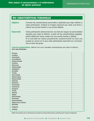 Cómo mejorar el autoconocimiento y el establecimiento
                                                                                                     HERRAMIENTAS PRÁCTICAS
               del objetivo profesional




    MIS CARACTERÍSTICAS PERSONALES
   Objetivo                  Conocer las características personales y aptitudes que mejor definen a
                             cada participante. Analizar la imagen personal que cada cual tiene y
                             valorar sus puntos fuertes y sus puntos débiles.

   Desarrollo                Cada participante seleccionará de una lista de rasgos de personalidad
                             aquellos que mejor le definen. A partir de las características elegidas,
                             podrá reflexionar sobre cuales son sus puntos fuertes y débiles.
                             Si la actividad se realiza grupalmente, posteriormente se hará una
                             puesta en común en la que cada participante expondrá sus conclusio-
                             nes al resto del grupo.

   Lista de características: (Marcar con una X aquellas características que mejor te definan)
   SOY UNA PERSONA...

   Precisa
   Creativa
   Autoritaria
   Conciliadora
   Perfeccionista
   Práctica
   Generosa
   Influenciable
   Adaptativa
   Sociable
   Tímida
   Introvertida
   Observadora
   Responsable
   Indecisa
   Dinámica
   Dominante
   Autónoma
   Insegura
   Fuerte
   Abierta
   Alegre
   Extrovertida
   Pesimista
   Emprendedora
   Segura de sí misma
   Sensible
   Exigente
   OTRAS:

   (SARA: Guía práctica para la dinamización de espacios de desarrollo personal y profesional para mujeres inmigrantes)




                         +    Igualdad de Oportunidades        +   Empleabilidad     +   Inclusión social                 119
 