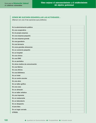 Guía para la Orientación   Laboral                    Cómo mejorar el autoconocimiento y el establecimiento
de coletivos vulnerables                                             del objetivo profesional




          DÓNDE ME GUSTARÍA DESARROLLAR LAS ACTIVIDADES…
          (Marcar con una X las opciones que prefieres)



          En la administración pública
          En una cooperativa
          En mi propia empresa
          En una empresa pequeña
          En una empresa grande
          En una guardería
          En una farmacia
          En unos grandes almacenes
          En un comercio pequeño
          En un hospital
          En una clínica
          En una ONG
          En un periódico
          En otros medios de comunicación
          En una fábrica
          En una oficina
          En una biblioteca
          En un hotel
          En un centro escolar
          En una obra
          En un taller gráfico
          En una casa
          En un almacén
          En un taller artístico
          En una imprenta
          En un restaurante
          En un laboratorio
          En un despacho
          Al aire libre
          En un lugar cerrado
          OTROS:




122                           +    Igualdad de Oportunidades   +   Empleabilidad   +   Inclusión social
 