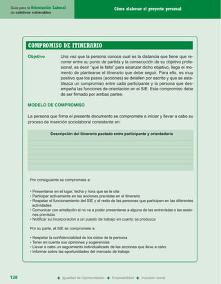 Guía para la Orientación   Laboral                                Cómo elaborar el proyecto personal
de coletivos vulnerables




          COMPROMISO DE ITINERARIO
          Objetivo               Una vez que la persona conoce cual es la distancia que tiene que re-
                                 correr entre su punto de partida y la consecución de su objetivo profe-
                                 sional, es decir “qué le falta” para alcanzar dicho objetivo, llega el mo-
                                 mento de plantearse el itinerario que debe seguir. Para ello, es muy
                                 positivo que los pasos (acciones) se detallen por escrito y que se esta-
                                 blezca un compromiso entre cada participante y la persona que des-
                                 empeña las funciones de orientación en el SIE. Este compromiso debe
                                 de ser firmado por ambas partes.

          MODELO DE COMPROMISO

          La persona que firma el presente documento se compromete a iniciar y llevar a cabo su
          proceso de inserción sociolaboral consistente en:

                       Descripción del itinerario pactado entre participante y orientador/a




           Por consiguiente se compromete a:


           • Presentarse en el lugar, fecha y hora que se le cite
           • Participar activamente en las acciones previstas en el itinerario
           • Respetar el funcionamiento del SIE y al resto de las personas que participen en las diferentes
             actividades
           • Comunicar con antelación si no va a poder presentarse a alguna de las entrevistas o las sesio-
             nes previstas
           • Notificar su incorporación a un puesto de trabajo en cuanto se produzca

           Por su parte, el SIE se compromete a:

           • Respetar la confidencialidad de los datos de la persona
           • Tener en cuenta sus opiniones y sugerencias
           • Llevar a cabo un seguimiento individualizado de las acciones que lleve a cabo
           • Informar sobre las oportunidades del mercado de trabajo




128                          +   Igualdad de Oportunidades   +   Empleabilidad   +   Inclusión social
 