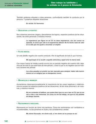 Guía para la Orientación   Laboral                                Cómo trabajar las habilidades y
de coletivos vulnerables                                     las actitudes en el proceso de Orientación




                También podemos etiquetar a otras personas, confundiendo también la conducta con la
                persona. Y podemos etiquetar situaciones

                               Es racista. Es horroroso.



                • DESCARTAR      LO POSITIVO

                Nos volvemos personas ciegas y descartamos los logros y aspectos positivos de las situa-
                ciones, las otras personas o nosotros mismos.

                               La experiencia que figura en mi CV no tiene importancia; con los cursos no
                               aprendo, lo único que vale es la experiencia laboral. No he hecho nada de valor
                               en la vida que me ayude a encontrar un empleo



                • FILTRO    MENTAL

                Un solo detalle negativo de nuestra conducta, tiñe el significado de todo lo que hicimos.

                               Me equivoqué al no acudir a aquella entrevista y aquel error lo marcó todo.

                Con mayor fuerza se instala cuando ocurre con un periodo negativo de nuestra vida: deja-
                mos de ver todo lo que está fuera de ese periodo, y todo lo que no es negativo que se man-
                tuvo durante ese periodo

                               Los años pasados en prisión me han marcado para siempre; haber sido toxicó-
                               mano/a es un estigma que no desaparece nunca.



                • MAGNIFICAR      O MINIMIZAR

                Aumentamos desproporcionadamente la importancia de las cosas negativas o relativiza-
                mos en exceso los aspectos positivos de las situaciones, de las otras personas o de noso-
                tras y nosotros mismos.

                               No me contestan al teléfono, eso quiere decir que no van a leer mi CV, que no me
                               van a citar a una entrevista. Un curso no me da trabajo, así que es una pérdida
                               de tiempo hacerlo.



                • RAZONAMIENTO       EMOCIONAL

                Razonamos en función de cómo nos sentimos. Como los sentimientos son verdaderos e
                incuestionables, no los ponemos en duda y los consideramos verdad.

                               Me siento fracasado, me siento sola, si me siento así es porque es así.




142                          +   Igualdad de Oportunidades   +   Empleabilidad   +   Inclusión social
 