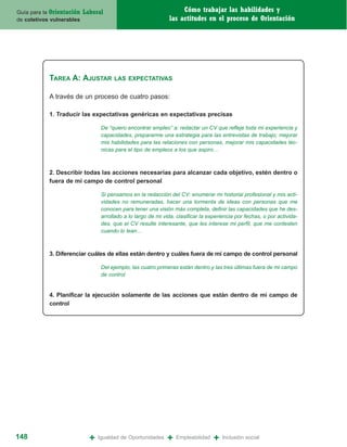 Guía para la Orientación   Laboral                                  Cómo trabajar las habilidades y
de coletivos vulnerables                                       las actitudes en el proceso de Orientación




            TAREA A: AJUSTAR           LAS EXPECTATIVAS


            A través de un proceso de cuatro pasos:

            1. Traducir las expectativas genéricas en expectativas precisas

                                  De “quiero encontrar empleo” a: redactar un CV que refleje toda mi experiencia y
                                  capacidades, prepararme una estrategia para las entrevistas de trabajo; mejorar
                                  mis habilidades para las relaciones con personas, mejorar mis capacidades téc-
                                  nicas para el tipo de empleos a los que aspiro…



            2. Describir todas las acciones necesarias para alcanzar cada objetivo, estén dentro o
            fuera de mi campo de control personal

                                  Si pensamos en la redacción del CV: enumerar mi historial profesional y mis acti-
                                  vidades no remuneradas, hacer una tormenta de ideas con personas que me
                                  conocen para tener una visión más completa, definir las capacidades que he des-
                                  arrollado a lo largo de mi vida, clasificar la experiencia por fechas, o por activida-
                                  des, que el CV resulte interesante, que les interese mi perfil, que me contesten
                                  cuando lo lean…



            3. Diferenciar cuáles de ellas están dentro y cuáles fuera de mi campo de control personal

                                  Del ejemplo, las cuatro primeras están dentro y las tres últimas fuera de mi campo
                                  de control


            4. Planificar la ejecución solamente de las acciones que están dentro de mi campo de
            control




148                          +   Igualdad de Oportunidades     +   Empleabilidad   +   Inclusión social
 