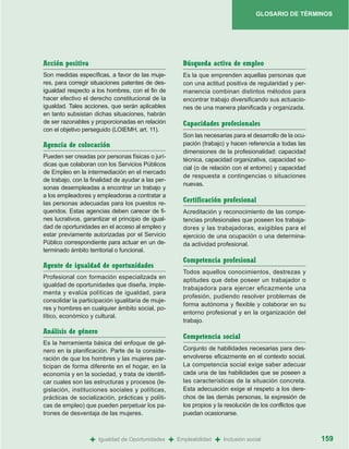 GLOSARIO DE TÉRMINOS




Acción positiva                                           Búsqueda activa de empleo
Son medidas específicas, a favor de las muje-             Es la que emprenden aquellas personas que
res, para corregir situaciones patentes de des-           con una actitud positiva de regularidad y per-
igualdad respecto a los hombres, con el fin de            manencia combinan distintos métodos para
hacer efectivo el derecho constitucional de la            encontrar trabajo diversificando sus actuacio-
igualdad. Tales acciones, que serán aplicables            nes de una manera planificada y organizada.
en tanto subsistan dichas situaciones, habrán
de ser razonables y proporcionadas en relación            Capacidades profesionales
con el objetivo perseguido (LOIEMH, art. 11).
                                                          Son las necesarias para el desarrollo de la ocu-
Agencia de colocación                                     pación (trabajo) y hacen referencia a todas las
                                                          dimensiones de la profesionalidad: capacidad
Pueden ser creadas por personas físicas o jurí-
                                                          técnica, capacidad organizativa, capacidad so-
dicas que colaboran con los Servicios Públicos
                                                          cial (o de relación con el entorno) y capacidad
de Empleo en la intermediación en el mercado
                                                          de respuesta a contingencias o situaciones
de trabajo, con la finalidad de ayudar a las per-
                                                          nuevas.
sonas desempleadas a encontrar un trabajo y
a los empleadores y empleadoras a contratar a
las personas adecuadas para los puestos re-
                                                          Certificación profesional
queridos. Estas agencias deben carecer de fi-             Acreditación y reconocimiento de las compe-
nes lucrativos, garantizar el principio de igual-         tencias profesionales que poseen los trabaja-
dad de oportunidades en el acceso al empleo y             dores y las trabajadoras, exigibles para el
estar previamente autorizadas por el Servicio             ejercicio de una ocupación o una determina-
Público correspondiente para actuar en un de-             da actividad profesional.
terminado ámbito territorial o funcional.
                                                          Competencia profesional
Agente de igualdad de oportunidades
                                                          Todos aquellos conocimientos, destrezas y
Profesional con formación especializada en
                                                          aptitudes que debe poseer un trabajador o
igualdad de oportunidades que diseña, imple-
                                                          trabajadora para ejercer eficazmente una
menta y evalúa políticas de igualdad, para
                                                          profesión, pudiendo resolver problemas de
consolidar la participación igualitaria de muje-
                                                          forma autónoma y flexible y colaborar en su
res y hombres en cualquier ámbito social, po-
                                                          entorno profesional y en la organización del
lítico, económico y cultural.
                                                          trabajo.
Análisis de género
                                                          Competencia social
Es la herramienta básica del enfoque de gé-
nero en la planificación. Parte de la conside-            Conjunto de habilidades necesarias para des-
ración de que los hombres y las mujeres par-              envolverse eficazmente en el contexto social.
ticipan de forma diferente en el hogar, en la             La competencia social exige saber adecuar
economía y en la sociedad, y trata de identifi-           cada una de las habilidades que se poseen a
car cuales son las estructuras y procesos (le-            las características de la situación concreta.
gislación, instituciones sociales y políticas,            Esta adecuación exige el respeto a los dere-
prácticas de socialización, prácticas y políti-           chos de las demás personas, la expresión de
cas de empleo) que pueden perpetuar los pa-               los propios y la resolución de los conflictos que
trones de desventaja de las mujeres.                      puedan ocasionarse.



                  +   Igualdad de Oportunidades     +   Empleabilidad   +   Inclusión social                  159
 