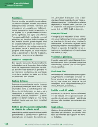 Guía para la Orientación   Laboral
de coletivos vulnerables




         Conciliación                                              cial. La situación de exclusión social se acre-
                                                                   ditará por los correspondientes servicios so-
         Supone propiciar las condiciones para lograr
                                                                   ciales competentes y queda determinada por
         un adecuado equilibrio entre las responsabili-
                                                                   la pertenencia a alguno de los colectivos que
         dades personales, familiares y laborales. Sin
                                                                   se establecen en la disposición adicional se-
         embargo, es un concepto que, tradicional-
                                                                   gunda de la Ley 43/06 de 28 de diciembre.
         mente ha aparecido ligado, en exclusiva, a
         las mujeres, por lo que es necesario trascen-
                                                                   Corresponsabilidad
         der su significado para lograr una auténtica
         “corresponsabilidad”, prestando especial                  Concepto que va más allá de la mera concilia-
         atención a los derechos de los hombres en                 ción y que implica compartir la responsabilidad
         esta materia, evitando que las mujeres sean               de una situación, infraestructura o actuación
         las únicas beneficiarias de los derechos rela-            determinada. Las personas o agentes corres-
         tivos al cuidado de hijos y otras personas de-            ponsables poseen los mismos deberes y dere-
         pendientes, ya que la asunción en solitario,              chos en su capacidad de responder por sus ac-
         por parte de las mujeres, de estos derechos               tuaciones en las situaciones o infraestructuras
         entra en colisión con su derecho de acceder,              que están a su cargo.
         permanecer y promocionar en el empleo.
                                                                   Cualificación profesional
         Contenidos transversales                                  Especial preparación adquirida para el des-
         Son aquellos contenidos fundamentalmente                  empeño de una tarea o profesión que permite
         actitudinales que se desarrollan dentro de las            comprender y dominar una situación profe-
         áreas de conocimiento como parte de ellas.                sional específica.
         La denominación “transversal” proviene de
         su tratamiento en el proceso de aprendizaje               Curriculum vitae
         no de forma paralela a las áreas, sino de for-            Documento que contiene la información perso-
         ma simultánea a las mismas.                               nal y profesional necesaria para comunicar o in-
                                                                   formar acerca de las características y compe-
         Contrato de trabajo                                       tencias que posee una persona para el
         Documento normalmente escrito (aunque                     desempeño de un trabajo determinado (titula-
         puede ser de palabra) en el que tanto la parte            ciones, formación, experiencia,…)
         empleadora como la parte trabajadora esta-
         blecen las condiciones en las que se va a                 División sexual del trabajo
         desempeñar el trabajo (horarios, salarios,                Reparto social de tareas en función del sexo
         funciones, duración, vacaciones…). Estas                  que se traduce en una jerarquización en
         condiciones tienen siempre que respetar la                cuanto a la valoración social y económica
         legalidad vigente para cada tipo o modalidad              otorgada a las funciones que cada sexo des-
         de contrato.                                              empeña.

         Contrato para trabajadores desempleados                   Empleabilidad
         en situación de exclusión social                          Conjunto de características personales y pro-
         Modalidad de contrato específicamente creada              fesionales que permiten a una persona satis-
         para fomentar la contratación de personas                 facer las demandas de ocupación del merca-
         desempleadas en situación de exclusión so-                do de trabajo.



160                          +   Igualdad de Oportunidades   +   Empleabilidad   +   Inclusión social
 