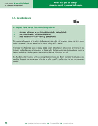 Guía para la Orientación   Laboral                                 Mucho más que un trabajo:
de coletivos vulnerables                                     valoración social y personal del empleo




         1.5. Conclusiones


           El empleo tiene varias funciones integradoras:

                   Acceso a bienes y servicios (dignidad y estabilidad)
                   Reconocimiento e identidad social.
                   Red de relaciones sociales y personales.

           Favorecer el acceso al empleo de las personas más vulnerables es un camino nece-
           sario para que puedan alcanzar la plena integración social.

           Conocer los factores que en cada caso están dificultando el acceso al mercado de
           trabajo es la clave en el diseño y el desarrollo de las acciones destinadas a mejorar
           la empleabilidad de las personas en situación de dificultad social.

           Es fundamental realizar un buen diagnóstico inicial, es decir, conocer la situación de
           partida de cada persona para orientar la intervención en función de las necesidades
           reales.




16                           +   Igualdad de Oportunidades   +   Empleabilidad   +   Inclusión social
 