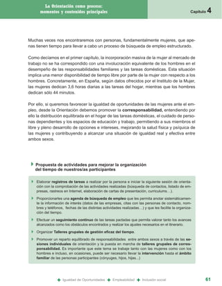 La Orientación como proceso:
      momentos y contenidos principales                                                              Capítulo   4


Muchas veces nos encontraremos con personas, fundamentalmente mujeres, que ape-
nas tienen tiempo para llevar a cabo un proceso de búsqueda de empleo estructurado.

Como decíamos en el primer capítulo, la incorporación masiva de la mujer al mercado de
trabajo no se ha correspondido con una involucración equivalente de los hombres en el
desempeño de las responsabilidades familiares y las tareas domésticas. Esta situación
implica una menor disponibilidad de tiempo libre por parte de la mujer con respecto a los
hombres. Concretamente, en España, según datos ofrecidos por el Instituto de la Mujer,
las mujeres dedican 3,6 horas diarias a las tareas del hogar, mientras que los hombres
dedican sólo 44 minutos.

Por ello, si queremos favorecer la igualdad de oportunidades de las mujeres ante el em-
pleo, desde la Orientación debemos promover la corresponsabilidad, entendiendo por
ello la distribución equilibrada en el hogar de las tareas domésticas, el cuidado de perso-
nas dependientes y los espacios de educación y trabajo, permitiendo a sus miembros el
libre y pleno desarrollo de opciones e intereses, mejorando la salud física y psíquica de
las mujeres y contribuyendo a alcanzar una situación de igualdad real y efectiva entre
ambos sexos.




   Propuesta de actividades para mejorar la organización
   del tiempo de nuestros/as participantes

    Elaborar registros de tareas a realizar por la persona e iniciar la siguiente sesión de orienta-
    ción con la comprobación de las actividades realizadas (búsqueda de contactos, listado de em-
    presas, rastreos en Internet, elaboración de cartas de presentación, curriculums…).

    Proporcionarles una agenda de búsqueda de empleo que les permita anotar sistemáticamen-
    te la información de interés (datos de las empresas, citas con las personas de contacto, nom-
    bres y teléfonos, fechas de las distintas actividades realizadas…) y que les facilite la organiza-
    ción del tiempo.

    Efectuar un seguimiento continuo de las tareas pactadas que permita valorar tanto los avances
    alcanzados como los obstáculos encontrados y realizar los ajustes necesarios en el itinerario.

    Organizar Talleres grupales de gestión eficaz del tiempo.

    Promover un reparto equilibrado de responsabilidades entre ambos sexos a través de las se-
    siones individuales de orientación y la puesta en marcha de talleres grupales de corres-
    ponsabilidad. Es importante que este tema se trabaje tanto con las mujeres como con los
    hombres e incluso, en ocasiones, puede ser necesario llevar la intervención hasta el ámbito
    familiar de las personas participantes (cónyuges, hijos, hijas...)




                 +   Igualdad de Oportunidades   +   Empleabilidad   +   Inclusión social                   61
 