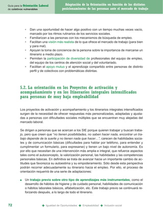 Guía para la Orientación   Laboral              Adaptación de la Orientación en función de los distintos
de coletivos vulnerables                      posicionamientos de las personas ante el mercado de trabajo




             •   Dan una oportunidad de hacer algo positivo con un tiempo muchas veces vacío,
                 marcado por los ritmos rutinarios de los servicios sociales.
             •   Familiarizan a las personas con los mecanismos de búsqueda de empleo.
             •   Facilitan una visión más realista de lo que ofrece el mercado de trabajo (para bien
                 y para mal).
             •   Apoyan la toma de conciencia de la persona sobre la importancia de marcarse un
                 itinerario a medio plazo.
             •   Permiten la participación de diversidad de profesionales del equipo de empleo,
                 del equipo de los centros de atención social y del voluntariado.
             •   Facilitan el apoyo mutuo y el aprendizaje compartido entre personas de distinto
                 perfil y de colectivos con problemáticas distintas.




         5.2. La orientación en los Proyectos de activación y
         acompañamiento y en los Itinerarios integrales intensificados
         para personas de muy baja empleabilidad

         Los proyectos de activación y acompañamiento y los itinerarios integrales intensificados
         surgen de la necesidad de ofrecer respuestas más personalizadas, adaptadas y ajusta-
         das a personas con dificultades sociales múltiples que se encuentran muy alejadas del
         mercado laboral.

         Se dirigen a personas que se acercan a los SIE porque quieren trabajar y buscan traba-
         jo, pero que creen que “no tienen posibilidades, no saben hacer nada, encontrar un tra-
         bajo depende de la suerte y no tienen nada que hacer…”, carecen de habilidades socia-
         les y de comunicación básicas (dificultades para hablar por teléfono, para entender y
         cumplimentar un formulario, para expresarse) y tienen un bajo nivel de autonomía. Es
         por ello que necesitan de una intervención más amplia e integral, que refuerce aspectos
         tales como el autoconcepto, la valorización personal, las habilidades y las competencias
         personales básicas. En definitiva se trata de avanzar hacia un importante cambio de ac-
         titudes que favorezca su autoestima y su empoderamiento. Sólo desde esta perspectiva
         podrán recorrer adecuadamente su itinerario hacia el empleo. Por ello, el proceso de
         orientación requerirá de una serie de adaptaciones:

         ■   Un trabajo previo sobre otro tipo de aprendizajes más instrumentales, como el
             desarrollo de hábitos de higiene y de cuidado personal, habilidades de comunicación
             o hábitos laborales básicos, alfabetización, etc. Este trabajo previo se continuará re-
             forzando después, a lo largo de todo el itinerario.



72                           +   Igualdad de Oportunidades   +   Empleabilidad   +   Inclusión social
 