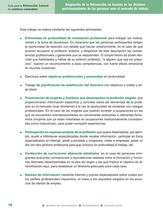 Guía para la Orientación   Laboral              Adaptación de la Orientación en función de los distintos
de coletivos vulnerables                      posicionamientos de las personas ante el mercado de trabajo




         Este trabajo se realiza mediante las siguientes actividades:

         ■   Entrevistas en profundidad de orientación profesional para trabajar las motiva-
             ciones y la toma de decisiones. Es necesario que las personas participantes tengan
             la oportunidad de describir con detalle qué hacían anteriormente, en el caso de que
             quieran recuperar la profesión anterior, y desgranar de esta descripción las compe-
             tencias profesionales y generales que se desprenden. El simple hecho de poder des-
             cribir sus habilidades y hablar de su anterior profesión, “a alguien que oye sin prejui-
             cios”, supone un reconocimiento a esas competencias, con fuerte efecto emocional
             en muchas ocasiones.

         ■   Ejercicios sobre objetivos profesionales y personales en profundidad.

         ■   Trabajo de planificación de redefinición del itinerario con objetivos a medio y lar-
             go plazo.

         ■   Presentación de mujeres y hombres que desempeñen la profesión elegida, que
             proporcionarán información específica y concreta sobre las demandas de la profe-
             sión en el mercado local, brindando a la vez la oportunidad de contactar con colegas
             profesionales. En el caso de las mujeres que quieran acceder a ocupaciones en las
             que se encuentran subrrepresentadas es conveniente acercarlas a referentes feme-
             ninos (mujeres que ya están insertadas en ocupaciones tradicionalmente considera-
             das como masculinas), para poder compartir experiencias.

         ■   Participación en espacios propios de la profesión que quiera desempeñar, por ejem-
             plo, acudir a bibliotecas especializadas donde recabar información, participar en foros
             especializados en Internet, asistir a jornadas y congresos, visitar a empresas, pasar un
             día con otra persona profesional para que conozca en profundidad el trabajo, etc.

         ■   Confección de curriculums altamente detallados, en el caso de personas inmi-
             grantes buscando correlaciones y equivalencias realistas entre la formación y funcio-
             nes laborales desempeñadas en el país de origen y las que implica el objetivo de di-
             versificación aquí, para establecer un itinerario adecuado para cada caso.

         ■   Rastreo de información mediante Internet y prensa especializada sobre cuales son
             los perfiles profesionales requeridos, en base a los requisitos exigidos en los anun-
             cios de ofertas de empleo.




78                           +   Igualdad de Oportunidades   +   Empleabilidad   +   Inclusión social
 