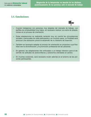 Guía para la Orientación   Laboral              Adaptación de la Orientación en función de los distintos
de coletivos vulnerables                      posicionamientos de las personas ante el mercado de trabajo




         5.4. Conclusiones



                Cuando trabajamos con personas muy alejadas del mercado de trabajo, con
                perfiles de empleabilidad muy bajos, es necesario realizar una serie de adapta-
                ciones en el proceso de orientación

                Estas adaptaciones se realizarán teniendo muy en cuenta las circunstancias
                sociales y personales de cada participante y en muchos casos, su finalidad será
                provocar una activación previa al desarrollo de su itinerario de inserción.

                También es necesario adaptar el proceso de orientación en proyectos cuya fina-
                lidad sea la diversificación y la promoción profesional de las personas.

                En general, las adaptaciones irán enfocadas a un trabajo intensivo para el de-
                sarrollo de actitudes de autoconfianza y autonomía orientadas al cambio.

                En muchas ocasiones, será necesario incidir además en el entorno de las per-
                sonas participantes.




80                           +   Igualdad de Oportunidades   +   Empleabilidad   +   Inclusión social
 