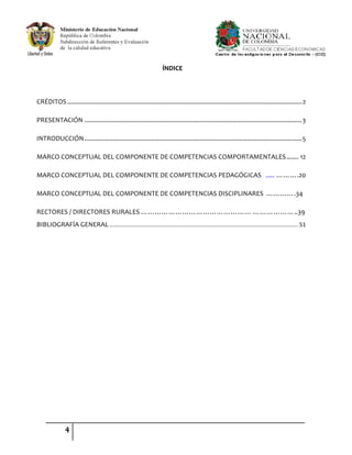 4
ÍNDICE
CRÉDITOS........................................................................................................................................2
PRESENTACIÓN ..............................................................................................................................3
INTRODUCCIÓN..............................................................................................................................5
MARCO CONCEPTUAL DEL COMPONENTE DE COMPETENCIAS COMPORTAMENTALES....... 12
MARCO CONCEPTUAL DEL COMPONENTE DE COMPETENCIAS PEDAGÓGICAS ..... ……….20
MARCO CONCEPTUAL DEL COMPONENTE DE COMPETENCIAS DISCIPLINARES ………….34
RECTORES / DIRECTORES RURALES ………………………………………… ………………..39
BIBLIOGRAFÍA GENERAL .......................................................................................................................51
 
