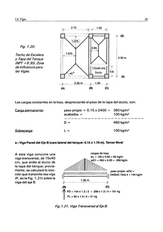 1.6. Vigas
Fig. 1.20.
Techo de Escalera
y Tapa del Tanque
(NPT +8.30). Zona
de Influencia para
las Vigas.
T
0.6
+
-f---~L'-'m'--------¡/i~--J .30__ --+--
(A) (B) (C)
(3)
3.30 m
(2)
Las cargas existentes en la losa, despreciando el peso de la tapa del dueto, son:
Carga permanente:
Sobrecarga:
peso propio = 0.15 x 2400 = 360 kg/m2
acabados = 100 kg/m2
D= 460 kg/m2
L= 100 kg/m2
a.- Viga Pared del Eje B (cara lateral del tanque: 0.15 x 1.70 m). Tercer Nivel
A esta viga concurre una
viga transversal, de 15x40
cm, que anilla al dueto de
la tapa del tanque; previa-
mente, se calculará la reac-
ción que transmite esa viga
(P, en la Fig. 1.21) sobre la
viga del eje B.
cargas de losa:
wL =100 x 0.65 =65 kg/m
w01 =460 x 0.65 = 299 kg/m
- - peso propio: w02 =
:F::o:rrmIIIIIIIIIIIlJllIIJ]lUll~ 2400xO.15xO.4 =144 kg/m
~ ~
l- 1.30m
~------~- ---- --f
(B) (e)
¡PO =144 x 1.3/ 2 + 299 x 1.3/ 4 =191 kg
PL =65 x 1.3/4 =21 kg
Fig. 1.21. Viga Transversalal Eje B.
25
 