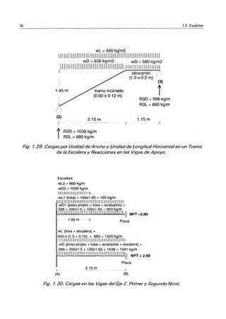 34
wL = 400 kg/m2
IJILUIIJlrm [TI IILlIU1JJUIlIlUrrnnIUnrrnrm [1
wD =636 kg/m2 wD =580 kg/m2
:1IU11111lJlJlllIllTIJJIJlIIII[llIli [ITlTllJI ¡UII!! LU
,1-
1.45 m
'
1_1
(2)
, 2.15 m
;-
/,
i R2D = 1038 kg/m
R2L =660 kg/m
descanso / '
(1.0 x 0.2 m)
(3)
i
R3D =996 kg/m
R3L =660 kg/m
1.15 m
1.8. Escaleras
Fig. 1.29. Cargas por Unidad de Ancho y Unidad de Longitud Horizontal en un Tramo
de la Escalera y Reacciones en las Vigas de Apoyo.
Escalera:
wl2 =660 kg/m
wD2 = 1038 kg/m
llJ.LUTllUIlllIJ LJ
wL1 (losa) = 100x1.65 = 165 kg/m
[ TJJJJ]]IWJTITlllTIlUllIlJrr[mn
wD1 (peso propio + losa + acabados) =
288 + 300x1.5 + 100x1.65 = 903 kg/m
ITnnTIJlJIllTlnfTnTII1]JJlInTIn,:~ NPT +5.80
- - 1.05 m7i Placa
wL (losa + escalera) =
400 x (1.5 + 0.15) + 660= 1320kg/m
: JlLUJIIIITIJl1HUJllIl /lJJUrrnTni
wD (peso propio + losa + acabados + escalera) =
288 + 300x1.5 + 100x1.65 + 1038 = 1941 kg/m
LlTUUTTlTrIT 111 JI rI Ll rr IlT[lTIlliJ[1~ NPT + 2.90
:--
Placa
2.15 m ---------c.k
(Al (B)
Fig. 1.30. Cargas en las Vigas del Eje 2. Primer y Segundo Nivel.
 