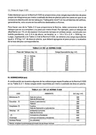 1.2. Norma de Cargas E-020 5
----------_._-..._---
Cabe destacar que en la Norma E-020 se proporciona unas cargas equivalentes de peso
propio (en kilogramos por metro cuadrado de área en planta) para los casos en que no se
conozca la distribución de los tabiques ("tabiquería móvil") en los ambientes del edificio,
generalmente, esto ocurre en los edificios destinados a oficinas.
Para hacer uso de la Tabla 2.3 que proporciona la Norma, debe conocerse el tipo de
tabique que se va a emplear y su peso por metro lineal. Por ejemplo, para un tabique de
albañilería con 15 cm de espesor (incluyendo tarrajeo en ambas caras), construido con
ladrillo pandereta, con 2.4 m de altura, se tendría: w = 14 x 15 x 2.4 = 504 kg 1m.
Luego, ingresando a la Tabla 2.3 de la Norma E-020, se obtiene una carga equivalente
igual a 210 kg 1m2
de área en planta, que deberá agregarse al peso propio y acabados
de la losa del piso correspondiente.
TABLA 2.3 DE LA NORMA E-020
Peso del Tabique (kg / m) Carga Equivalente (kg / m2)
74 o menos 30
75 a 149 60
150 a 249 90
250 a 399 150
400 a 549 210
550 a 699 270
700 a 849 330
850 a 1000 390
IV.-SOBRECARGA(sic)
A continuación se muestra algunas de las sobrecargas especificadas en la Norma E-020
en su Tabla 3.2.1. Estas cargas están repartidas por metro cuadrado de área en planta.
TABLA 3.2.1 DE LA NORMA E-Q20
USO AMBIENTE SIC (kg 1m2)
Bibliotecas (*) Sala de Lectura 300
Sala de Almacenaje 750
Escuelas (*) Aulas y Laboratorios 300
Talleres 350
Hospitales (*) Cuartos 200
Sala de Operación y Laboratorios 300
Oficinas (*) Ambientes Comunes 250
Sala de Archivos 500
(*) Corredores y Escaleras 400
Viviendas (incluye corredores y escaleras) 200
Azoteas Planas (no utilizable) 100
Baños: emplear la sobrecarga promedio de las áreas vecinas
 
