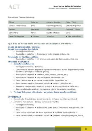 99
Segurança e Saúde do Trabalho
Guia para micro, pequenas e médias empresas
Exemplos de Espaços	Confinados:
Túneis Cisternas Câmaras de visita Poços / Furos
Galerias subterrâneas Silos Cisternas (camiões) Câmaras	frigoríficas
Tanques Reactores Valas Tubagens / Ductos
Contentores Fornos Esgotos / Fossas Caves
Casas de Máquinas:  Subsolo  Porões  Topo de edifícios
Que tipo de riscos estão associados aos Espaços Confinados ?
PERDA DE CONSCIÊNCIA / ASFIXIA:
Baixas concentrações de oxigénio
– Ventilação	insuficiente;
– Realização de trabalhos ► de soldadura, corte, limpeza, pintura, etc.
Submersão por líquidos ou sólidos
– Realização de trabalhos ► em túneis, poços, valas, condutas, ductos, silos, etc.
INCÊNDIO / EXPLOSÃO:
•	 Atmosferas inflamáveis
– Ventilação	insuficiente	/	deficiente;	
– Concentrações	elevadas	de	gases	e	vapores	inflamáveis	ou	nuvens	de	poeiras	► podem
explodir na presença de fontes de ignição;
– Realização de trabalhos ► soldadura, corte, limpeza, pintura, etc.;
– Realização de trabalhos ► com utilização de electricidade, etc.;
– Gases combustíveis ► gás natural, gases líquidos de petróleo, etc.;
– Gases de decomposição de matéria orgânica ► metano, hidrogénio, etc.;
– Vapores de combustíveis e solventes orgânicos ► benzeno, gasolina, nafta, etc.;
– Gases e substâncias voláteis ► formados no interior de condutas industriais.
•	 Trasfega de líquidos inflamáveis – geração de descargas electrostáticas.
INTOXICAÇÃO
•	 Concentração de substâncias tóxicas [acima dos limites de exposição permitidos]
•	 Atmosferas mais comuns – tóxicas, corrosivas e irritantes
– Ventilação	insuficiente;	
– Realização de trabalhos ► de soldadura, corte, pintura, tratamento de superfícies, lim-
peza;
– Gases tóxicos produzidos em áreas adjacentes ► entrada e acumulação nos EC;
– Gases de decomposição de matéria orgânica ► [metano, hidrogénio] ðesgotos, fossas,
 