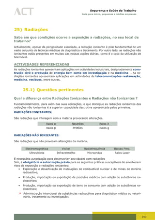 140
Segurança e Saúde do Trabalho
Guia para micro, pequenas e médias empresas
25) Radiações
Sabe em que condições ocorre a exposição a radiações, no seu local de
trabalho?
Actualmente, apesar da perigosidade associada, a radiação ionizante é pilar fundamental de um
vasto conjunto de técnicas médicas de diagnóstico e tratamento. Por outro lado, as radiações não
ionizantes estão presentes em muitas das nossas acções diárias, como é o caso da utilização de
telemóvel.
ACTIVIDADES REFERENCIADAS
As radiações ionizantes apresentam aplicações em actividades industriais, designadamente cons-
trução civil e produção de energia bem como em investigação e na medicina . As ra-
diações ionizantes apresentam aplicações em actividades de telecomunicações restauração,
medicina, resíduos, entre outras.
25.1) Questões pertinentes
Qual a diferença entre Radiações Ionizantes e Radiações não Ionizantes ?
Fundamentalmente, para além das suas aplicações, o que distingue as radiações ionizantes das
radiações não ionizantes é a superior capacidade destrutiva apresentada pelas primeiras.
RADIAÇÕES IONIZANTES:
São radiações que interagem com a matéria provocando alterações.
Raios	α Neutrões Raios X
Raios	β Protões Raios g
RADIAÇÕES NÃO IONIZANTES:
São radiações que não provocam alterações da matéria.
Electromagnética Visível Radiofrequência Baixas Freq.
Ultravioleta Infravermelho Microondas Raios Laser
É necessária autorização para desenvolver actividades com radiações
Sim, é obrigatória a autorização prévia para as seguintes práticas susceptíveis de envolverem
risco de exposição a radiações ionizantes:
•	 Exploração e desactivação de instalações de combustível nuclear e de minas de minério
radioactivo;
•	 Produção, importação ou exportação de produtos médicos com adição de substâncias ra-
dioactivas;
•	 Produção, importação ou exportação de bens de consumo com adição de substâncias ra-
dioactivas;
↗	 Administração intencional de substâncias radioactivas para diagnóstico médico ou veteri-
nário, tratamento ou investigação;
 