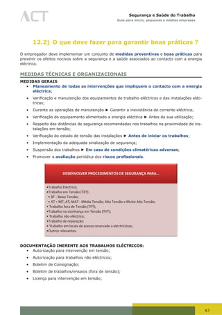 67
Segurança e Saúde do Trabalho
Guia para micro, pequenas e médias empresas
12.2) O que deve fazer para garantir boas práticas ?
O empregador deve implementar um conjunto de medidas preventivas e boas práticas para
prevenir os efeitos nocivos sobre a segurança e a saúde associados ao contacto com a energia
eléctrica.
MEDIDAS TÉCNICAS E ORGANIZACIONAIS
MEDIDAS GERAIS
•	 Planeamento de todas as intervenções que impliquem o contacto com a energia
eléctrica;
•	 Verificação	e	manutenção	dos	equipamentos	de	trabalho	eléctricos	e	das	instalações	eléc-
tricas;
•	 Durante as operações de manutenção ► Garantir a inexistência de corrente eléctrica;
•	 Verificação	do	equipamento	alimentado	a	energia	eléctrica	► Antes da sua utilização;
•	 Respeito das distâncias de segurança recomendadas nos trabalhos na proximidade de ins-
talações em tensão;
•	 Verificação	do	estado	de	tensão	das	instalações	► Antes de iniciar os trabalhos;
•	 Implementação da adequada sinalização de segurança;
•	 Suspensão dos trabalhos ► Em caso de condições climatéricas adversas;
•	 Promover a avaliação periódica dos riscos profissionais.
DESENVOLVER PROCEDIMENTOS DE SEGURANÇA PARA…
•Trabalho Eléctrico;
•Trabalho em Tensão (TET):
• BT - Baixa Tensão;
• AT = MT; AT; MAT - Média Tensão; Alta Tensão e Muito Alta Tensão;
• Trabalho fora de Tensão (TFT);
•Trabalho na vizinhança em Tensão (TVT);
• Trabalho não eléctrico;
•Trabalho de reparação;
• Trabalho em locais de acesso reservado a electricistas;
•Outros relevantes.
DOCUMENTAÇÃO INERENTE AOS TRABALHOS ELÉCTRICOS:
•	 Autorização para intervenção em tensão;
•	 Autorização para trabalhos não eléctricos;
•	 Boletim de Consignação;
•	 Boletim de trabalhos/ensaios (fora de tensão);
•	 Licença para intervenção em tensão;
 
