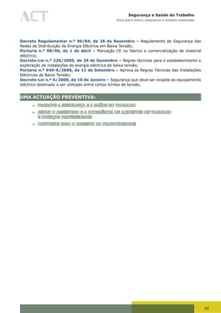 70
Segurança e Saúde do Trabalho
Guia para micro, pequenas e médias empresas
Decreto Regulamentar n.º 90/84, de 26 de Dezembro – Regulamento de Segurança das
Redes de Distribuição de Energia Eléctrica em Baixa Tensão;
Portaria n.º 98/96, de 1 de Abril – Marcação CE no fabrico e comercialização de material
eléctrico;
Decreto-Lei n.º 226/2005, de 28 de Dezembro – Regras técnicas para o estabelecimento e
exploração de instalações de energia eléctrica de baixa tensão;
Portaria n.º 949-A/2006, de 11 de Setembro – Aprova as Regras Técnicas das Instalações
Eléctricas de Baixa Tensão;
Decreto-Lei n.º 6/2008, de 10 de Janeiro – Segurança que deve ser exigida ao equipamento
eléctrico destinado a ser utilizado entre certos limites de tensão.
UMA ACTUAÇÃO PREVENTIVA:
– PROMOVE A SEGURANÇA E A SAÚDE NO TRABALHO
– REDUZ O ABSENTIMO E A OCORRÊNCIA DE ACIDENTES DE TRABALHO
E DOENÇAS PROFISSIONAIS
– CONTRIBUI PARA O AUMENTO DA PRODUTIVIDADE!
 