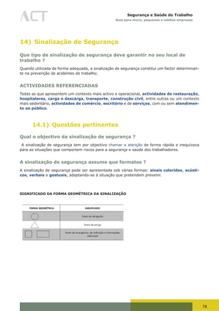 78
Segurança e Saúde do Trabalho
Guia para micro, pequenas e médias empresas
14) Sinalização de Segurança
Que tipo de sinalização de segurança deve garantir no seu local de
trabalho ?
Quando utilizada de forma adequada, a sinalização de segurança constitui um factor determinan-
te na prevenção de acidentes de trabalho.
ACTIVIDADES REFERENCIADAS
Todas as que apresentem um contexto mais activo e operacional, actividades de restauração,
hospitalares, carga e descarga, transporte, construção civil, entre outras ou um contexto
mais sedentário, actividades de comércio, escritório e de serviços, com ou sem atendimen-
to ao público.
14.1) Questões pertinentes
Qual o objectivo da sinalização de segurança ?
A sinalização de segurança tem por objectivo chamar a atenção de forma rápida e inequívoca
para as situações que comportem riscos para a segurança e saúde dos trabalhadores.
A sinalização de segurança assume que formatos ?
A sinalização de segurança pode ser apresentada sob várias formas: sinais coloridos, acústi-
cos, verbais e gestuais, adaptando-se à situação que pretendem prevenir.
SIGNIFICADO DA FORMA GEOMÉTRICA DA SINALIZAÇÃO
 