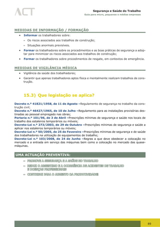 89
Segurança e Saúde do Trabalho
Guia para micro, pequenas e médias empresas
MEDIDAS DE INFORMAÇÃO / FORMAÇÃO
•	 Informar os trabalhadores sobre:
– Os riscos associados aos trabalhos de construção;
– Situações anormais previsíveis.
•	 Formar os trabalhadores sobre os procedimentos e as boas práticas de segurança a adop-
tar para minimizar os riscos associados aos trabalhos de construção;
•	 Formar os trabalhadores sobre procedimentos de resgate, em contextos de emergência.
MEDIDAS DE VIGILÂNCIA MÉDICA
•	 Vigilância da saúde dos trabalhadores;
•	 Garantir que apenas trabalhadores aptos física e mentalmente realizam trabalhos de cons-
trução.
15.3) Que legislação se aplica?
Decreto n.º 41821/1958, de 11 de Agosto –Regulamento de segurança no trabalho da cons-
trução civil;
Decreto n.º 46427/1965, de 10 de Julho –Regulamento para as instalações provisórias des-
tinadas ao pessoal empregado nas obras;
Portaria n.º 101/96, de 3 de Abril –Prescrições mínimas de segurança e saúde nos locais de
trabalho dos estaleiros temporários ou móveis;
Decreto-Lei n.º 273/2003, de 29 de Outubro –Prescrições mínimas de segurança e saúde a
aplicar nos estaleiros temporários ou móveis;
Decreto-Lei n.º 50/2005, de 25 de Fevereiro –Prescrições mínimas de segurança e de saúde
dos trabalhadores na utilização de equipamentos de trabalho;
Decreto-Lei n.º 103/2008, de 24 de Junho –Regras a que deve obedecer a colocação no
mercado e a entrada em serviço das máquinas bem como a colocação no mercado das quase-
máquinas.
UMA ACTUAÇÃO PREVENTIVA:
– PROMOVE A SEGURANÇA E A SAÚDE NO TRABALHO
– REDUZ O ABSENTIMO E A OCORRÊNCIA DE ACIDENTES DE TRABALHO
E DOENÇAS PROFISSIONAIS
– CONTRIBUI PARA O AUMENTO DA PRODUTIVIDADE!
 