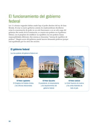 90 
El funcionamiento del gobierno
federal
Las 13 colonias originales habían estado bajo el poder absoluto del rey de Gran
Bretaña.Al crear su nuevo gobierno central, los estadounidenses decidieron
evitar la concentración de poder en un solo funcionario o en un solo cargo del
gobierno. Por medio de la Constitución, se crearon tres poderes en el gobierno
federal, con el propósito de establecer un equilibrio. Los tres poderes tienen
responsabilidades diferentes. Este sistema se denomina “sistema de equilibrio de
poderes”. Ningún sector del gobierno puede hacerse demasiado poderoso porque
está equilibrado por los otros dos sectores.
El gobierno federal
Los tres poderes del gobierno federal son:
El Poder Legislativo
El Congreso de Estados Unidos
y las oficinas relacionadas
El Poder Ejecutivo
El presidente, el vicepresidente
y los departamentos del
gobierno federal
El Poder Judicial
La Corte Suprema de Justicia
y las cortes federales de
todo el país
 