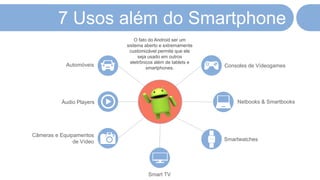 7 Usos além do Smartphone
Automóveis
Áudio Players
Câmeras e Equipamentos
de Vídeo
Consoles de Vídeogames
Netbooks & Smartbooks
Smartwatches
Smart TV
O fato do Android ser um
sistema aberto e extremamente
customizável permite que ele
seja usado em outros
eletrônicos além de tablets e
smartphones.
 