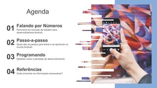 Panorama do mercado de trabalho para
desenvolvedores Android.
Falando por Números
01
Quais são os passos para entrar e se aprimorar no
mundo Android.
Passo-a-passo
02
Detalhes sobre a atividade de desenvolvimento.
Programando
03
Onde encontrar as informações necessárias?
Referências
04
Agenda
 