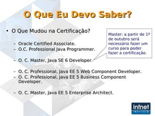O Que Eu Devo Saber? O Que Mudou na Certificação? Oracle Certified Associate. O.C. Professional Java Programmer. O. C. Master, Java SE 6 Developer. O. C. Professional, Java EE 5 Web Component Developer. O. C. Professional, Java EE 5 Business Component Developer. O. C. Master, Java EE 5 Enterprise Architect. Master: a partir de 1º de outubro será necessário fazer um curso para poder fazer a certificação. 