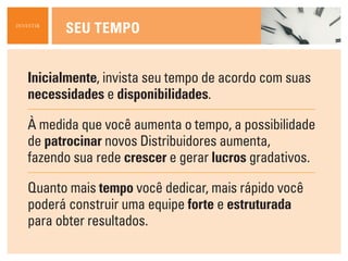 Inicialmente, invista seu tempo de acordo com suas
necessidades e disponibilidades.
À medida que você aumenta o tempo, a possibilidade
de patrocinar novos Distribuidores aumenta,
fazendo sua rede crescer e gerar lucros gradativos.
Quanto mais tempo você dedicar, mais rápido você
poderá construir uma equipe forte e estruturada
para obter resultados.
Seu tempoinvestir
 