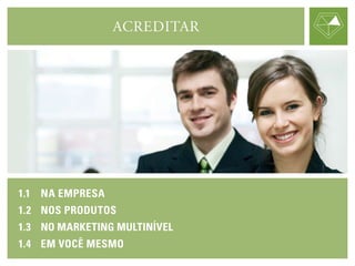 1.1	 Na empresa
1.2	 NOS produtos
1.3	 No marketing multinível
1.4	Em você mesmo
ACREDITAR
 