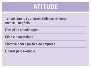 Ter sua agenda comprometida diariamente
com seu negócio.
Disciplina e dedicação.
Ética e honestidade.
Sintonia com a política da empresa.
Liderar pelo exemplo.
atitude
 