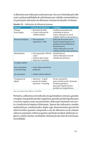 101
A albumina tem indicações muito precisas. Seu uso é limitado pelo alto
custo e pela possibilidade de substituição por colóides semissintéticos.
As principais indicações da albumina constam do Quadro 24 abaixo.
Quadro 24 – Indicações de albumina humana
Situação Indicações da albumina Cuidados
Choque
hemorrágico
• Restrição de sódio
• Contra‑indicação de
colóide sintético
Usada em associação com
cristalóides se houver
contra‑indicação ao uso de
colóides sintéticos não‑protéicos.
Ressecção hepática • Nas ressecções
superiores a >40%
Indicação de acordo com a
função residual hepática e de
parâmetros hemodinâmicos.
Quando houver
contra‑indicação ao uso de
colóides sintéticos não‑proteicos.
Queimaduras • Área queimada >50% do
corpo
• 24 horas após a lesão
• Falha dos cristalóides
Quando houver
contra‑indicação ao uso de
colóides não protéicos.
Cirurgia cardíaca
intra‑operatório
(como priming)
pós operatório
• evitar edema intersticial
pulmonar
• reduzir edema sistêmico
Transplante de
fígado
• albumina < 2,5g/dL
• pressão de oclusão
pulmonar <12mmHg
No pós‑operatório:
para controlar ascite e formação
de edema periférico,
para repor líquido ascítico
perdido na cirurgia/drenos.
Fonte: Luiz Antonio Vane e Rubens C. Costa Filho
Portanto, a albumina está indicada em queimaduras extensas, grandes
cirurgias com grandes perdas sanguíneas, grandes perdas líquidas para
o terceiro espaço como nas peritonites, obstrução intestinal com asci‑
te e insuficiência hepática fulminante. Apesar das indicações, estudos
multicêntricos, randomizados, duplo cego, demonstraram que não há
efeito benéfico quando comparado o uso de albumina ou de solução
salina na reposição volêmica quanto à perfusão tecidual, disfunção or‑
gânica, edema tissular, morbidade, diminuição dos dias de internação,
mortalidade.
 