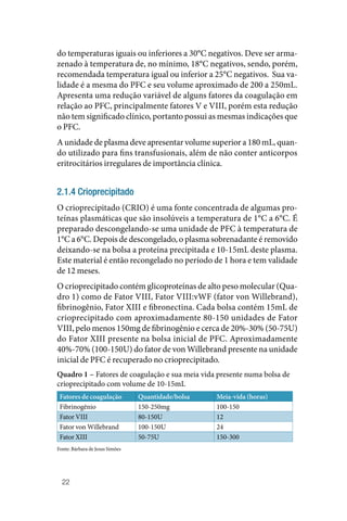 22
do temperaturas iguais ou inferiores a 30°C negativos. Deve ser arma‑
zenado à temperatura de, no mínimo, 18°C negativos, sendo, porém,
recomendada temperatura igual ou inferior a 25°C negativos. Sua va‑
lidade é a mesma do PFC e seu volume aproximado de 200 a 250mL.
Apresenta uma redução variável de alguns fatores da coagulação em
relação ao PFC, principalmente fatores V e VIII, porém esta redução
não tem significado clínico, portanto possui as mesmas indicações que
o PFC.
A unidade de plasma deve apresentar volume superior a 180 mL, quan‑
do utilizado para fins transfusionais, além de não conter anticorpos
eritrocitários irregulares de importância clínica.
2.1.4 Crioprecipitado
O crioprecipitado (CRIO) é uma fonte concentrada de algumas pro‑
teínas plasmáticas que são insolúveis a temperatura de 1°C a 6°C. É
preparado descongelando‑se uma unidade de PFC à temperatura de
1°C a 6°C. Depois de descongelado, o plasma sobrenadante é removido
deixando‑se na bolsa a proteína precipitada e 10‑15mL deste plasma.
Este material é então recongelado no período de 1 hora e tem validade
de 12 meses.
O crioprecipitado contém glicoproteínas de alto peso molecular (Qua‑
dro 1) como de Fator VIII, Fator VIII:vWF (fator von Willebrand),
fibrinogênio, Fator XIII e fibronectina. Cada bolsa contém 15mL de
crioprecipitado com aproximadamente 80‑150 unidades de Fator
VIII, pelo menos 150mg de fibrinogênio e cerca de 20%‑30% (50‑75U)
do Fator XIII presente na bolsa inicial de PFC. Aproximadamente
40%‑70% (100‑150U) do fator de von Willebrand presente na unidade
inicial de PFC é recuperado no crioprecipitado.
Quadro 1 – Fatores de coagulação e sua meia vida presente numa bolsa de
crioprecipitado com volume de 10‑15mL
Fatores de coagulação Quantidade/bolsa Meia‑vida (horas)
Fibrinogênio 150‑250mg 100‑150
Fator VIII 80‑150U 12
Fator von Willebrand 100‑150U 24
Fator XIII 50‑75U 150‑300
Fonte: Bárbara de Jesus Simões
 