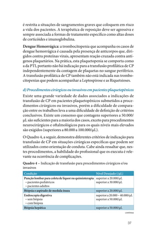 37
é restrita a situações de sangramentos graves que coloquem em risco
a vida dos pacientes. A terapêutica de reposição deve ser agressiva e
sempre associada a formas de tratamento específico como altas doses
de corticóides e imunoglobulina.
Dengue Hemorrágica: a trombocitopenia que acompanha os casos de
dengue hemorrágica é causada pela presença de anticorpos que, diri‑
gidos contra proteínas virais, apresentam reação cruzada contra antí‑
genos plaquetários. Na prática, esta plaquetopenia se comporta como
a da PTI, portanto não há indicação para a transfusão profilática de CP
independentemente da contagem de plaquetas no sangue periférico.
A transfusão profilática de CP também não está indicada nas trombo‑
citopenias que podem acompanhar a Leptospirose e as Riquetsioses.
d) Procedimentos cirúrgicos ou invasivos em pacientes plaquetopênicos
Existe uma grande variedade de dados associados a indicações de
transfusão de CP em pacientes plaquetopênicos submetidos a proce‑
dimentos cirúrgicos ou invasivos, porém a dificuldade de compara‑
ção entre os trabalhos leva a uma dificuldade de definição de critérios
conclusivos. Existe um consenso que contagens superiores a 50.000/
µL são suficientes para a maioria dos casos, exceto para procedimentos
neurocirúrgicos e oftalmológicos para os quais níveis mais elevados
são exigidos (superiores a 80.000 a 100.000/µL).
O Quadro 4, a seguir, demonstra diferentes critérios de indicação para
transfusão de CP em situações cirúrgicas específicas que podem ser
utilizados como orientação de conduta. Cabe ainda ressaltar que, nes‑
tes procedimentos, a habilidade do profissional que os executa é rele‑
vante na ocorrência de complicações.
Quadro 4 – Indicação de transfusão para procedimentos cirúrgicos e/ou
invasivos
Condição Nível Desejado (/µL)
Punção lombar para coleta de líquor ou quimioterapia
−
−pacientes pediátricos
−
−pacientes adultos
superior a 20.000/µL
superior a 30.000/µL
Biópsia e aspirado de medula óssea superior a 20.000/µL
Endoscopia digestiva
−
−sem biópsia
−
−com biópsia
superiora20.000–40.000/µL
superior a 50.000/µL
Biópsia hepática superior a 50.000/µL
continua
 
