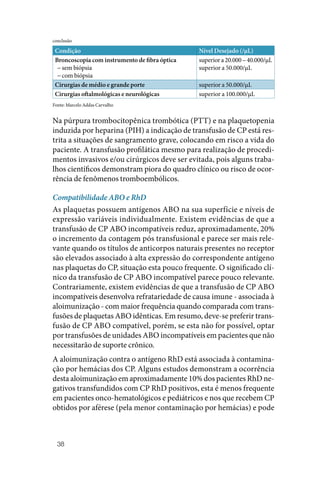 38
Condição Nível Desejado (/µL)
Broncoscopia com instrumento de fibra óptica
−
−sem biópsia
−
−com biópsia
superiora20.000–40.000/µL
superior a 50.000/µL
Cirurgias de médio e grande porte superior a 50.000/µL
Cirurgias oftalmológicas e neurológicas superior a 100.000/µL
Fonte: Marcelo Addas Carvalho
Na púrpura trombocitopênica trombótica (PTT) e na plaquetopenia
induzida por heparina (PIH) a indicação de transfusão de CP está res‑
trita a situações de sangramento grave, colocando em risco a vida do
paciente. A transfusão profilática mesmo para realização de procedi‑
mentos invasivos e/ou cirúrgicos deve ser evitada, pois alguns traba‑
lhos científicos demonstram piora do quadro clínico ou risco de ocor‑
rência de fenômenos tromboembólicos.
Compatibilidade ABO e RhD
As plaquetas possuem antígenos ABO na sua superfície e níveis de
expressão variáveis individualmente. Existem evidências de que a
transfusão de CP ABO incompatíveis reduz, aproximadamente, 20%
o incremento da contagem pós transfusional e parece ser mais rele‑
vante quando os títulos de anticorpos naturais presentes no receptor
são elevados associado à alta expressão do correspondente antígeno
nas plaquetas do CP, situação esta pouco frequente. O significado clí‑
nico da transfusão de CP ABO incompatível parece pouco relevante.
Contrariamente, existem evidências de que a transfusão de CP ABO
incompatíveis desenvolva refratariedade de causa imune ‑ associada à
aloimunização ‑ com maior frequência quando comparada com trans‑
fusões de plaquetas ABO idênticas. Em resumo, deve‑se preferir trans‑
fusão de CP ABO compatível, porém, se esta não for possível, optar
por transfusões de unidades ABO incompatíveis em pacientes que não
necessitarão de suporte crônico.
A aloimunização contra o antígeno RhD está associada à contamina‑
ção por hemácias dos CP. Alguns estudos demonstram a ocorrência
desta aloimunização em aproximadamente 10% dos pacientes RhD ne‑
gativos transfundidos com CP RhD positivos, esta é menos frequente
em pacientes onco‑hematológicos e pediátricos e nos que recebem CP
obtidos por aférese (pela menor contaminação por hemácias) e pode
conclusão
 