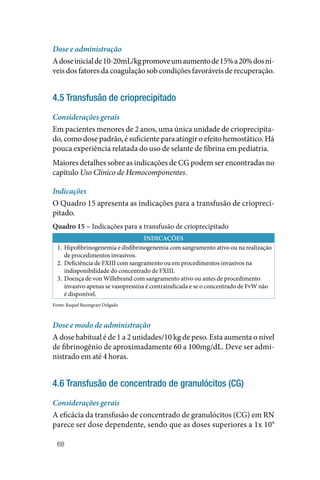 68
Dose e administração
Adoseinicialde10‑20mL/kgpromoveumaumentode15%a20%dosní‑
veis dos fatores da coagulação sob condições favoráveis de recuperação.
4.5 Transfusão de crioprecipitado
Considerações gerais
Em pacientes menores de 2 anos, uma única unidade de crioprecipita‑
do, como dose padrão, é suficiente para atingir o efeito hemostático. Há
pouca experiência relatada do uso de selante de fibrina em pediatria.
Maiores detalhes sobre as indicações de CG podem ser encontradas no
capítulo Uso Clínico de Hemocomponentes.
Indicações
O Quadro 15 apresenta as indicações para a transfusão de criopreci‑
pitado.
Quadro 15 – Indicações para a transfusão de crioprecipitado
INDICAÇÕES
1. Hipofibrinogenemia e disfibrinogenemia com sangramento ativo ou na realização
de procedimentos invasivos.
2. Deficiência de FXIII com sangramento ou em procedimentos invasivos na
indisponibilidade do concentrado de FXIII.
3. Doença de von Willebrand com sangramento ativo ou antes de procedimento
invasivo apenas se vasopressina é contraindicada e se o concentrado de FvW não
é disponível.
Fonte: Raquel Baumgratz Delgado
Dose e modo de administração
A dose habitual é de 1 a 2 unidades/10 kg de peso. Esta aumenta o nível
de fibrinogênio de aproximadamente 60 a 100mg/dL. Deve ser admi‑
nistrado em até 4 horas.
4.6 Transfusão de concentrado de granulócitos (CG)
Considerações gerais
A eficácia da transfusão de concentrado de granulócitos (CG) em RN
parece ser dose dependente, sendo que as doses superiores a 1x 109
 