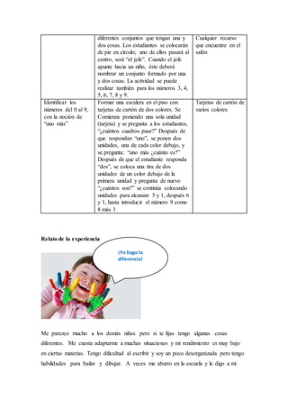 diferentes conjuntos que tengan una y
dos cosas. Los estudiantes se colocarán
de pie en círculo; uno de ellos pasará al
centro, será “el jefe”. Cuando el jefe
apunte hacia un niño, éste deberá
nombrar un conjunto formado por una
y dos cosas. La actividad se puede
realizar también para los números 3, 4,
5, 6, 7, 8 y 9.
Cualquier recurso
que encuentre en el
salón
Identificar los
números del 0 al 9,
con la noción de
“uno más”
Formar una escalera en el piso con
tarjetas de cartón de dos colores. Se
Comienza poniendo una sola unidad
(tarjeta) y se pregunta a los estudiantes,
“¿cuántos cuadros puse?” Después de
que respondan “uno”, se ponen dos
unidades, una de cada color debajo, y
se pregunta: “uno más ¿cuánto es?”
Después de que el estudiante responda
“dos”, se coloca una tira de dos
unidades de un color debajo de la
primera unidad y pregunta de nuevo
“¿cuántos son?” se continúa colocando
unidades para alcanzar 5 y 1, después 6
y 1, hasta introducir el número 9 como
8 más 1
Tarjetas de cartón de
varios colores
Relato de la experiencia
Me parezco mucho a los demás niños pero si te fijas tengo algunas cosas
diferentes. Me cuesta adaptarme a muchas situaciones y mi rendimiento es muy bajo
en ciertas materias. Tengo dificultad al escribir y soy un poco desorganizada pero tengo
habilidades para bailar y dibujar. A veces me aburro en la escuela y le digo a mi
¡Yo hago la
diferencia!
 