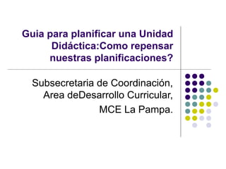 Guia para planificar una Unidad
Didáctica:Como repensar
nuestras planificaciones?
Subsecretaria de Coordinación,
Area deDesarrollo Curricular,
MCE La Pampa.
 