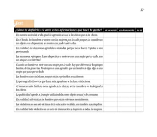 32


Test
¿Cómo te definirías tú ante estas afirmaciones que hace la gente?                          de acuerdo   en desacuerdo   no sé

En nuestra sociedad se da igual la agresión sexual a las chicas que a los chicos.
En el fondo, los hombres se meten con las mujeres por la calle porque las consideran
un objeto a su disposición, se sienten con poder sobre ellas.
En realidad, las chicas son agredidas o violadas, porque no se hacen respetar o van
provocando.
Los manoseos, «piropos», frases despectivas o meterse con una mujer por la calle, son
un ataque a su libertad.
Cuando un hombre se mete con una mujer por la calle, hay que diferenciar los piropos
bonitos, de las groserías. No siempre es una agresión que un hombre le diga algo a una
mujer que pasa por su lado.
Los hombres son violadores porque están reprimidos sexualmente.
La pornografía favorece que haya más agresiones e incluso, violaciones.
Al menos en este Instituto no se agrede a las chicas, se las considera en todo igual a
los chicos.
La publicidad agrede a la mujer utilizándola como objeto sexual y de consumo.
En realidad, sólo violan los hombres que están enfermos mentalmente.
Los violadores no son sólo víctimas de la educación recibida, son también sus cómplices.
En realidad toda violación es un acto de dominación y desprecio a todas las mujeres.
 
