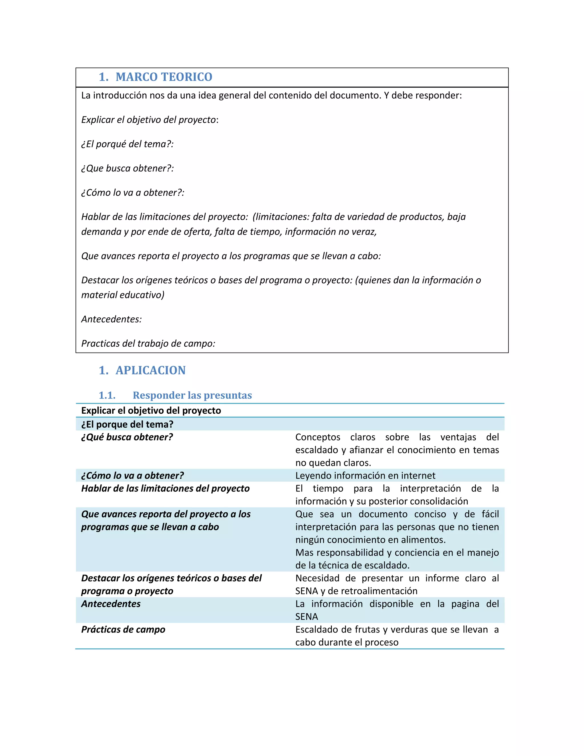 1. MARCO TEORICO
La introducción nos da una idea general del contenido del documento. Y debe responder:

Explicar el objetivo del proyecto:

¿El porqué del tema?:

¿Que busca obtener?:

¿Cómo lo va a obtener?:

Hablar de las limitaciones del proyecto: (limitaciones: falta de variedad de productos, baja
demanda y por ende de oferta, falta de tiempo, información no veraz,

Que avances reporta el proyecto a los programas que se llevan a cabo:

Destacar los orígenes teóricos o bases del programa o proyecto: (quienes dan la información o
material educativo)

Antecedentes:

Practicas del trabajo de campo:

    1. APLICACION
    1.1.     Responder las presuntas
Explicar el objetivo del proyecto
¿El porque del tema?
¿Qué busca obtener?                                Conceptos claros sobre las ventajas del
                                                   escaldado y afianzar el conocimiento en temas
                                                   no quedan claros.
¿Cómo lo va a obtener?                             Leyendo información en internet
Hablar de las limitaciones del proyecto            El tiempo para la interpretación de la
                                                   información y su posterior consolidación
Que avances reporta del proyecto a los             Que sea un documento conciso y de fácil
programas que se llevan a cabo                     interpretación para las personas que no tienen
                                                   ningún conocimiento en alimentos.
                                                   Mas responsabilidad y conciencia en el manejo
                                                   de la técnica de escaldado.
Destacar los orígenes teóricos o bases del         Necesidad de presentar un informe claro al
programa o proyecto                                SENA y de retroalimentación
Antecedentes                                       La información disponible en la pagina del
                                                   SENA
Prácticas de campo                                 Escaldado de frutas y verduras que se llevan a
                                                   cabo durante el proceso
 