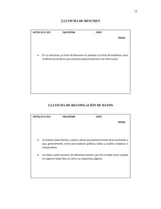 13


                           2.2.3 FICHA DE RESUMEN


Capítulo de la Tesis        Tema/Subtema                   Fuente

                                                                                Páginas




     •    En su estructura, la Ficha de Resumen se asemeja a la Ficha de Paráfrasis, pero
          la diferencia reside en que se presta especial atención a la información.




                 2.2.4 FICHA DE RECOPILACIÓN DE DATOS


Capítulo de la Tesis        Tema/Subtema                   Fuente

                                                                                Páginas




     •    Se enlistan datos (fechas, autores, obras) que posteriormente serán analizados y
          que, generalmente, sirven para elaborar gráficas, tablas y cuadros sinópticos o
          comparativos.

     •    Los datos suelen provenir de diferentes fuentes, por ello se debe tener cuidado
          en registrar todas ellas así como sus respectivas páginas.




                       FICHA DE INFORMACION GENERAL
 