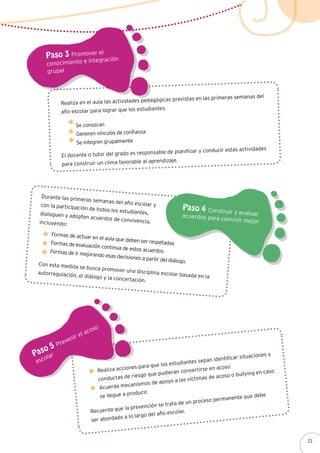 Paso 5 Prevenir el acoso
escolar
Paso 3 Promover el
conocimiento e integración
grupal
Realiza en el aula las actividades pedagógicas previstas en las primeras semanas del
año escolar para lograr que los estudiantes:
Durante las primeras semanas del año escolar ycon la participación de todos los estudiantes,dialoguen y adopten acuerdos de convivencia,incluyendo:
Realiza acciones para que los estudiantes sepan identificar situaciones y
conductas de riesgo que pudieran convertirse en acoso
Acuerda mecanismos de apoyo a las víctimas de acoso o bullying en caso
se llegue a producir.
Se conozcan
Generen vínculos de confianza
Se integren grupalmente
Formas de actuar en el aula que deben ser respetadasFormas de evaluación continua de estos acuerdosFormas de ir mejorando esas decisiones a partir del diálogo.
Paso 4 Construir y evaluaracuerdos para convivir mejor
El docente o tutor del grado es responsable de planificar y conducir estas actividades
para construir un clima favorable al aprendizaje.
Con esta medida se busca promover una disciplina escolar basada en la
autorregulación, el diálogo y la concertación.
Recuerda que la prevención se trata de un proceso permanente que debe
ser abordado a lo largo del año escolar.
23
 