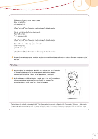 Variaciones
En caso de que los niños y niñas pertenezcan a un Programa No Escolarizado
(PRONOEI) de educación inicial, se puede variar la letra de la canción, y
reemplazar el nombre de “Jardín” por el de este servicio educativo.
El docente puede también improvisar y variar un poco la canción recogiendo
algunas de las expectativas que han mencionado los niños y niñas
previamente sobre lo que harán en el Jardín o PRONOEI.
Fuente: Adaptación realizada en base a actividad “Palomitas pegadizas” presentada en la publicación “Recopilación: 546 juegos y dinámicas de
integración grupal”, publicada por Enrique Gonzáles. Publicada en: http://www.scribd.com/doc/42827173/500-Dinamicas-de-Integracion-Grupal
Pintar con mil colores, armar una gran casa
jugar con plastilina
y amigos conocer.
(Coro: “tarararán” con chasquidos o palmas después de cada palabra)
Cantar con mi maestra, leer un lindo cuento
hacer adivinanzas,
Y mil cosas aprender.
(Coro: “tarararán” con chasquidos o palmas después de cada palabra)
Pero al final de cuentas, dejé de dar mil vueltas
comí mi loncherita
y ¡con todos a jugar!
(Coro: “tarararán” con chasquidos o palmas después de cada palabra)
Pueden finalizar esta actividad haciendo un dibujo con crayolas o témperas en el que cada uno plasme lo que esperan de la
escuela.
31
 