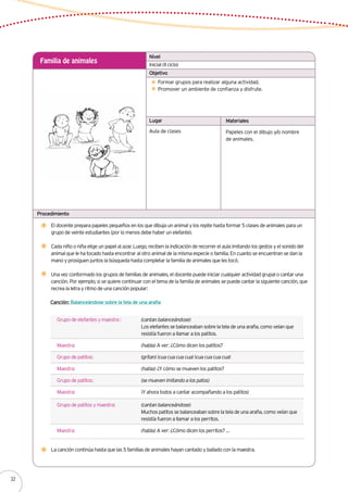 Nivel
Inicial (II ciclo)
Familia de animales
Formar grupos para realizar alguna actividad.
Promover un ambiente de confianza y disfrute.
El docente prepara papeles pequeños en los que dibuja un animal y los repite hasta formar 5 clases de animales para un
grupo de veinte estudiantes (por lo menos debe haber un elefante).
Cada niño o niña elige un papel al azar. Luego, reciben la indicación de recorrer el aula imitando los gestos y el sonido del
animal que le ha tocado hasta encontrar al otro animal de la misma especie o familia. En cuanto se encuentran se dan la
mano y prosiguen juntos la búsqueda hasta completar la familia de animales que les tocó.
Una vez conformado los grupos de familias de animales, el docente puede iniciar cualquier actividad grupal o cantar una
canción. Por ejemplo, si se quiere continuar con el tema de la familia de animales se puede cantar la siguiente canción, que
recrea la letra y ritmo de una canción popular:
Aula de clases Papeles con el dibujo y/o nombre
de animales.
Objetivo
Lugar Materiales
Procedimiento
Canción: Balanceándose sobre la tela de una araña
Grupo de elefantes y maestra	:	 (cantan balanceándose)
				 Los elefantes se balanceaban sobre la tela de una araña, como veían que 	
				 resistía fueron a llamar a los patitos.
Maestra:				 (habla) A ver: ¿Cómo dicen los patitos?
Grupo de patitos:			 (gritan) ¡cua cua cua cua! ¡cua cua cua cua!
Maestra:				 (habla) ¿Y cómo se mueven los patitos?
Grupo de patitos:			 (se mueven imitando a los patos)
Maestra: 				 ¡Y ahora todos a cantar acompañando a los patitos!
Grupo de patitos y maestra:		 (cantan balanceándose)
				 Muchos patitos se balanceaban sobre la tela de una araña, como veían que	
				 resistía fueron a llamar a los perritos.
Maestra:				 (habla) A ver: ¿Cómo dicen los perritos? …
La canción continúa hasta que las 5 familias de animales hayan cantado y bailado con la maestra.
32
 