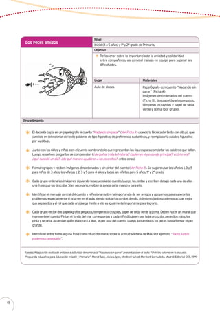 Lugar Materiales
Procedimiento
Inicial (3 a 5 años) y 1° y 2° grado de Primaria.
Los peces amigos
Reflexionar sobre la importancia de la amistad y solidaridad
entre compañeros, así como el trabajo en equipo para superar las
dificultades.
Aula de clases Papelógrafo con cuento “Nadando sin
parar” (Ficha A)
Imágenes desordenadas del cuento
(Ficha B), dos papelógrafos pegados,
témperas o crayolas y papel de seda
verde y goma (por grupo).
Nivel
Objetivo
El docente copia en un papelógrafo el cuento “Nadando sin parar” (Ver Ficha A) usando la técnica del texto con dibujo, que
consiste en seleccionar del texto palabras de tipo figurativo, de preferencia sustantivos, y reemplazar la palabra figurativa
por su dibujo.
Junto con los niños y niñas leen el cuento nombrando lo que representan las figuras para completar las palabras que faltan.
Luego, resuelven preguntas de comprensión (¿de qué se trata la historia? ¿quién es el personaje principal? ¿cómo era?
¿qué sucedió un día?, ¿de qué manera ayudaron a los pececitos?, entre otras).
Forman grupos y reciben imágenes desordenadas y sin pintar del cuento (Ver Ficha B). Se sugiere usar las viñetas 1, 3 y 5
para niños de 3 años; las viñetas 1, 2, 3 y 5 para 4 años y todas las viñetas para 5 años, 1° y 2° grado.
Cada grupo ordena las imágenes siguiendo la secuencia del cuento. Luego, las pintan y escriben debajo cada una de ellas
una frase que las describa. Si es necesario, reciben la ayuda de la maestra para ello.
Identifican el mensaje central del cuento y reflexionan sobre la importancia de ser amigos y apoyarnos para superar los
problemas, especialmente si ocurren en el aula, siendo solidarios con los demás. Asimismo, juntos podemos actuar mejor
que separados y el rol que cada uno juega frente a ello es igualmente importante para lograrlo.
Cada grupo recibe dos papelógrafos pegados, témperas o crayolas, papel de seda verde y goma. Deben hacer un mural que
represente el cuento. Pintan el fondo del mar con esponjas y cada niño dibuja en una hoja uno o dos pececitos rojos, los
pinta y recorta. Acuerdan quién elaborará a Max, el pez azul del cuento. Luego, juntan todos los peces hasta formar el pez
grande.
Identifican entre todos alguna frase como título del mural, sobre la actitud solidaria de Max. Por ejemplo: “Todos juntos
podemos conseguirlo”.
Fuente: Adaptación realizada en base a actividad denominada “Nadando sin parar” presentada en el texto “Vivir los valores en la escuela:
Propuesta educativa para Educación Infantil y Primaria”. Mercé Saiz, Alicia López, Meritxell Salvat, Meritxell Cornudella. Madrid: Editorial CCS, 1999
48
 