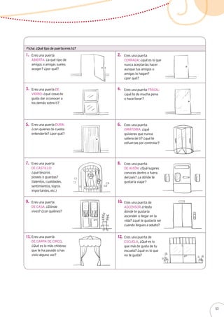 Eres una puerta
ABIERTA: ¿a qué tipo de
amigos o amigas sueles
acoger? ¿por qué?
Ficha: ¿Qué tipo de puerta eres tú?
Eres una puerta
CERRADA: ¿qué es lo que
nunca aceptarías hacer
aunque tus amigos o
amigas lo hagan?
¿por qué?
Eres una puerta DE
VIDRIO: ¿qué cosas te
gusta dar a conocer a
los demás sobre ti?
Eres una puerta FRÁGIL:
¿qué te da mucha pena
o hace llorar?
Eres una puerta DURA:
¿con quienes te cuesta
entenderte? ¿por qué?
Eres una puerta
GIRATORIA: ¿qué
quisieras que nunca
saliera de ti? ¿qué te
esfuerzas por controlar?
Eres una puerta
DE CASTILLO:
¿qué tesoros
posees o guardas?
(talentos, cualidades,
sentimientos, logros
importantes, etc.)
Eres una puerta
DE AVIÓN: ¿Qué lugares
conoces dentro o fuera
del país? ¿a dónde te
gustaría viajar?
Eres una puerta
DE CASA: ¿Dónde
vives? ¿con quiénes?
Eres una puerta de
ASCENSOR ¿Hasta
dónde te gustaría
ascender o llegar en la
vida? ¿qué te gustaría ser
cuando llegues a adulto?
Eres una puerta
DE CARPA DE CIRCO,
¿Qué es lo más chistoso
que te ha pasado o has
visto alguna vez?
Eres una puerta de
ESCUELA, ¿Qué es lo
que más te gusta de tu
escuela? ¿qué es lo que
no te gusta?
1.
3.
5.
7.
9.
11.
2.
4.
6.
8.
10.
12.
53
 